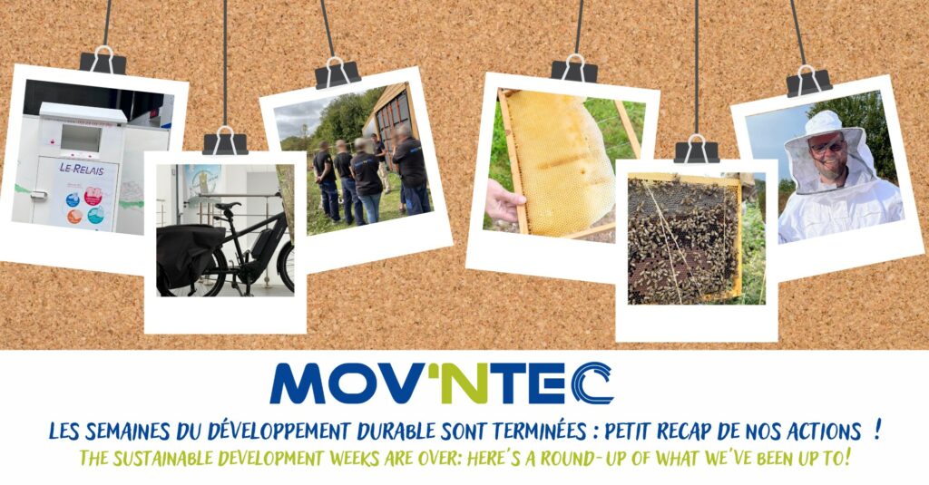 Outre la collecte de sang et le marché de producteurs locaux, notre entreprise a participé à diverses actions variées. Vous êtes curieux de savoir lesquelles ?   Nous avons fait installer un container LE RELAIS sur notre site, pour que les vêtements dont les salariés souhaitent se débarrasser soient réutilisés à bon escient.    Nous avons participé au sondage Carbonez-vous, mené par Béthune BAS CARBONE, 15 salariés Mov’ntec ont répondu au questionnaire afin d’évaluer leur niveau de connaissance et de sensibilisation aux enjeux climatiques. C’était une belle expérience enrichissante.   Nous avons procédé à l’ouverture de nos ruches, en compagnie de l’apiculteur du rucher Neuvillois. 18 salariés ont participé à l’entretien annuel des ruches et ont pu découvrir le monde fascinant des abeilles.    Et pour finir, nous avons pris part à un atelier de sensibilisation à la permaculture et à la gestion des composteurs, avec l’intervention de deux structures locales : PTIPOT, une association qui promeut la permaculture et la communauté d’agglomération, qui met à disposition des composteurs collectifs sur le territoire.   Nous tenons à remercier tous les salariés qui ont participé aux différentes actions proposées pendant ces semaines du développement durable ainsi que nos intervenants pour leurs prestations. Nous espérons que ces initiatives ont permis à nos employés de prendre conscience de l’importance d’agir pour la planète et pour les autres.   À bientôt pour de nouvelles aventures écologiques et solidaires !